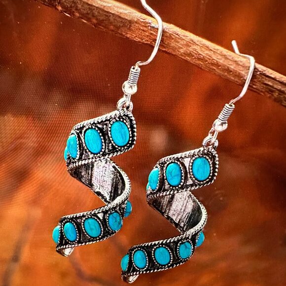 Boho Hippie Cowgirl Twirl Wire Drop Earrings, Turquoise Stone, Fast Shipping, G - Picture 5 of 6